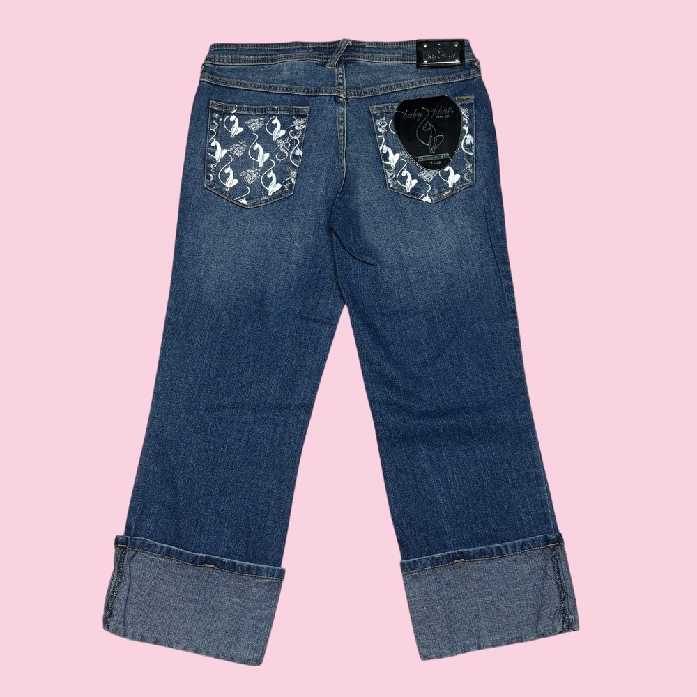 Baby Phat Womens Medium Wash Paint Splatter Cat Graphic Cuffed Denim Capris 8